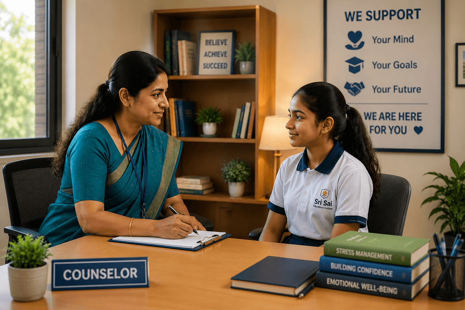 Counselor supporting a student at Sri Sai Educational Institute
